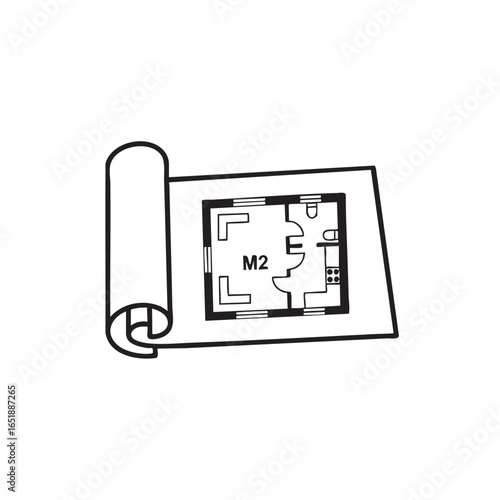 Detailed architectural floor plan blueprint for house interior design and construction project showcasing room layouts and square meter measurements with a rolled up drawing