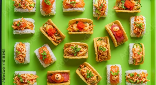 mini sushi tacos on neon tray, playful fusion for a casual dining experience on a happy friday