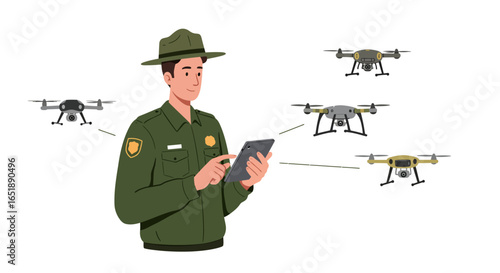 A park ranger operates multiple drones using a digital tablet for surveillance or monitoring.