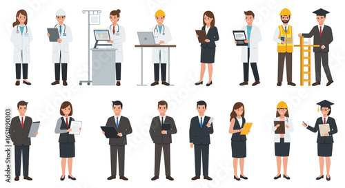 Diverse group of cartoon professional characters representing various occupations including medical, business, construction, and academic fields.