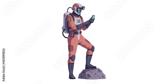 An illustration of a futuristic explorer in an orange suit standing on a rock while examining a glowing device.