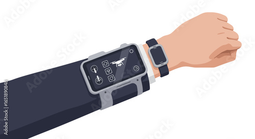 Close-up of a human arm wearing a sophisticated wrist-mounted device, featuring a digital screen displaying a drone image and various control icons.