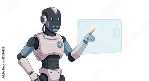 A modern humanoid robot with a sleek design pointing its finger at a glowing, transparent futuristic interface.