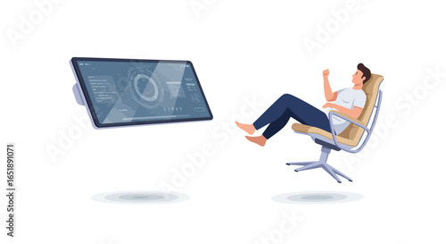 Man comfortably reclined in a chair, interacting with a large floating digital screen displaying data.