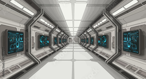 A symmetrical, futuristic, and sterile science fiction corridor with glowing ceiling lights and multiple blue digital interface screens along the walls.