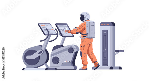 An astronaut in a full orange spacesuit engages with advanced fitness equipment, possibly for space mission preparation.