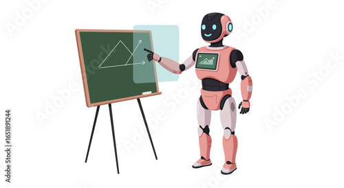 A friendly pink robot points at a geometric triangle drawn on a green chalkboard, illustrating a concept.