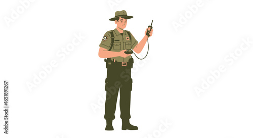 An illustration of a male park ranger in a green uniform and wide-brimmed hat, holding a two-way radio for communication.