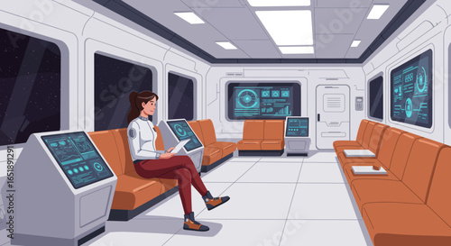 A woman in a futuristic uniform sits on an orange bench in a sleek, high-tech space station lounge, interacting with a tablet amidst glowing data screens.