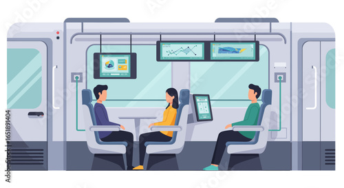 An illustration of passengers seated in a modern, technologically advanced train interior with data screens and personal tablets.