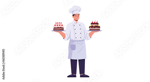 A male chef in a white uniform holding two decorated cakes, one strawberry and one chocolate, on serving trays.
