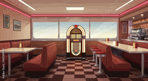 Vibrant retro American diner interior featuring a classic jukebox, red booths, and a checkered floor.