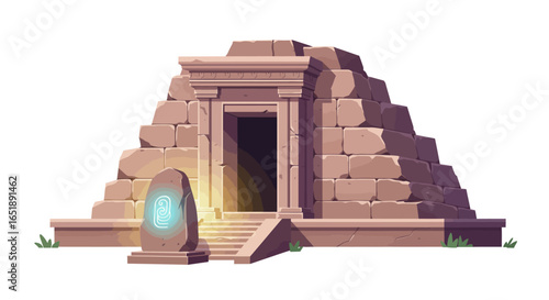 Ancient stone temple entrance with a glowing magical obelisk and emanating light.