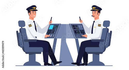 Two professional male airline pilots in uniform seated in an aircraft cockpit, actively engaging with control panels and holding communication devices.