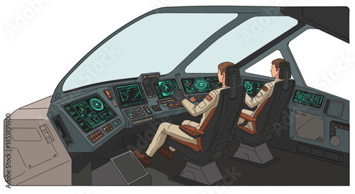 Two pilots in a futuristic spacecraft cockpit with advanced control panels and glowing screens.