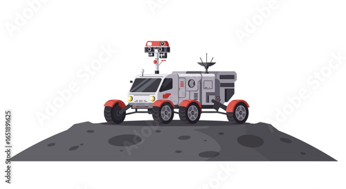 A futuristic space exploration rover with red accents on a cratered lunar surface.