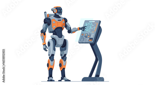 A futuristic humanoid robot with orange accents interacts with a glowing digital touchscreen console on a white background.
