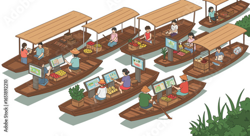 Floating market vendors on traditional boats integrating modern technology and data analysis for commerce.