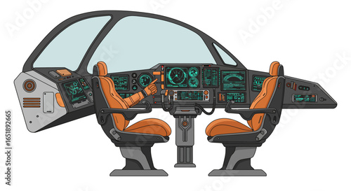 A futuristic cockpit interior featuring two orange pilot seats and a complex dashboard with multiple glowing digital screens and controls.