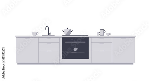 A modern kitchen counter with white cabinets, a sink, an oven, and a stovetop with a kettle.