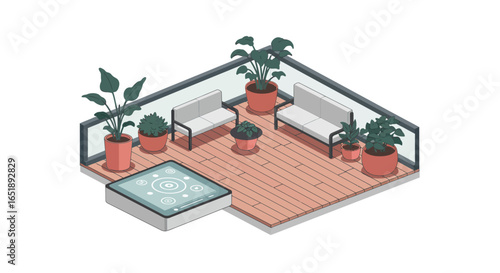 Isometric illustration of a modern outdoor rooftop terrace featuring benches, potted plants, and a hot tub.