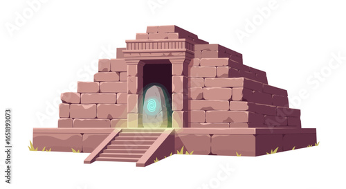An ancient stone pyramid temple featuring an illuminated mystical portal at its entrance with steps.
