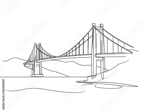 Continuous line drawing of a bridge over water with hills