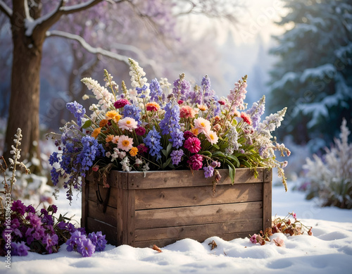 Frost-Bitten Wooden Crate Overflowing with Colorful Garden Flowers