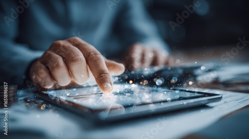 Wallpaper Mural Exploring modern digital finance and investment strategies with a tablet managing personal savings and building wealth through online banking and cryptocurrency coin stacks for future growth. Torontodigital.ca