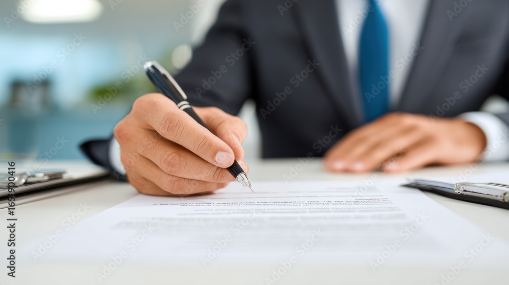 Business Professional Signing Important Documents in Modern Office Business Professional Signing Important Documents in Modern Office