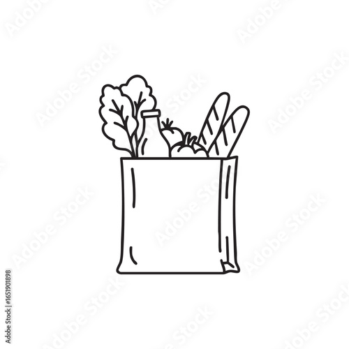 Groceries in paper bag line art minimalist illustration promoting healthy eating and sustainable lifestyle options for modern consumers