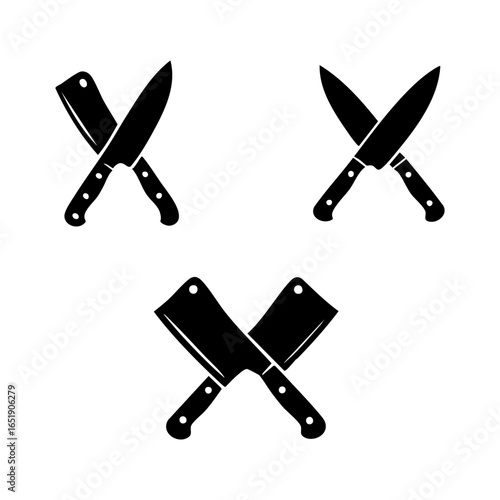 set of black silhouettes of butcher knives vector