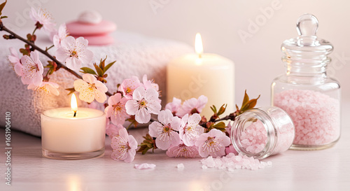 Wallpaper Mural Spa Still Life with Pink Flowers, Lit Candles, and Bath Salts Torontodigital.ca