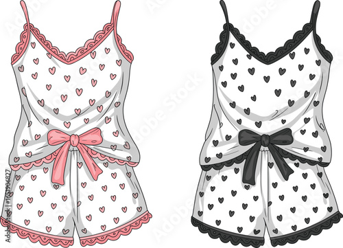 Cute women’s sleepwear, lace pajama set, heart pattern lingerie, bow detail nightwear, romantic cami set, fashion illustration, stylish comfortable sleep outfit, feminine night clothes