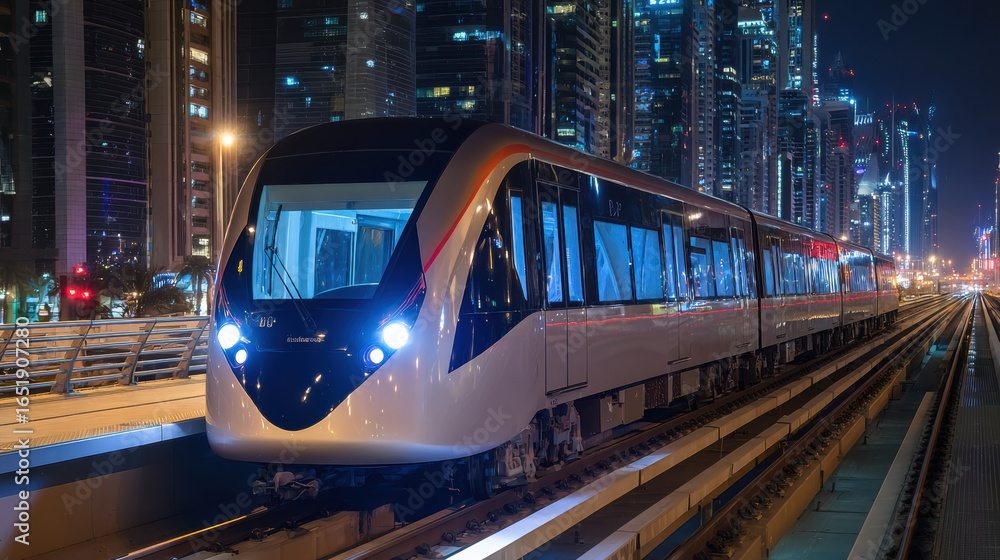 Naklejka premium A modern train travels through a futuristic cityscape at night, illuminated by vibrant lights and surrounded by tall skyscrapers.