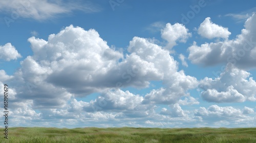 A field of grass with a blue sky and clouds. The sky is mostly clear, but there are a few clouds scattered throughout. Scene is peaceful and serene, with the vast open field