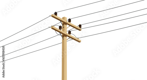 Utility pole with power lines, electrical infrastructure, blue sky background, wooden power pole structure, electricity transmission concept, industrial energy grid distribution system