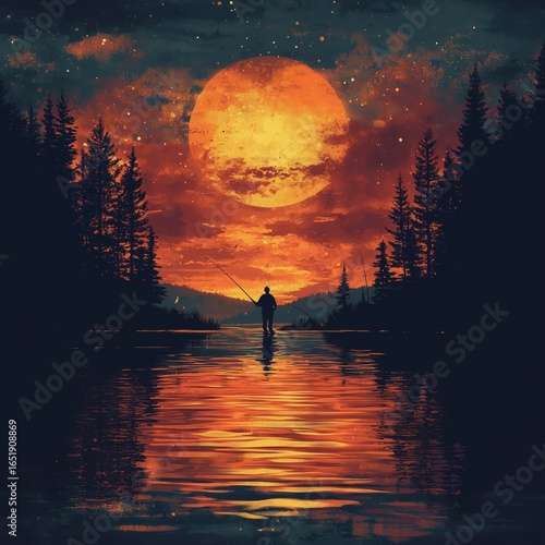 An enchanting illustration of a fisherman on a moonlit lake, surrounded by a forest and a large, glowing orange moon.
