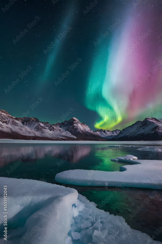 Naklejka premium Aurora Borealis Over Mountains and Water Reflection