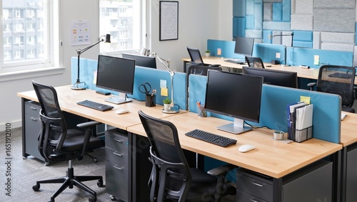 Modern office workstations featuring ergonomic chairs, computers, desk lamps, and acoustic dividers for a productive workspace.