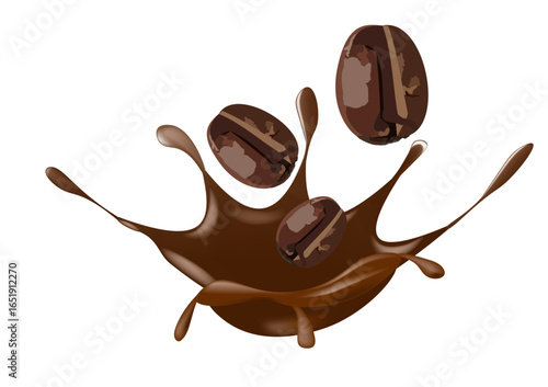 Three roasted coffee beans interacting with splashing of brown liquid, Dynamic composition suggests movement when bean being dropped into chocolate milk and causing it to splash outward