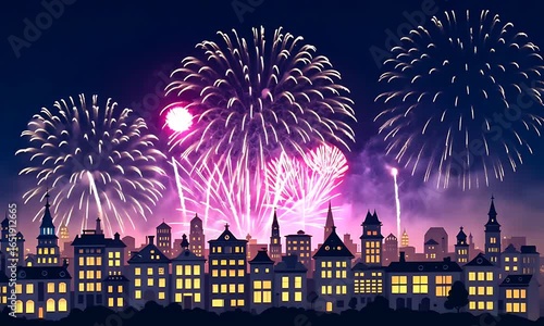Night City Fireworks Display Vibrant Pink And White Explosions Over Silhouetted Buildings