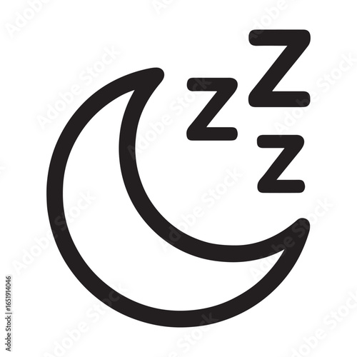 Black crescent moon with sleeping Z symbols on white background night