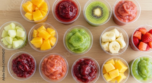 top view of bright multi-fruit smoothie shooter cups, health snack for healthy eating and beverage presentation