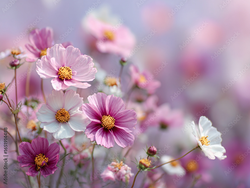 Obraz premium Cosmos flowers photography pink purple white floral bloom blossom garden nature flower background wallpaper aesthetic
