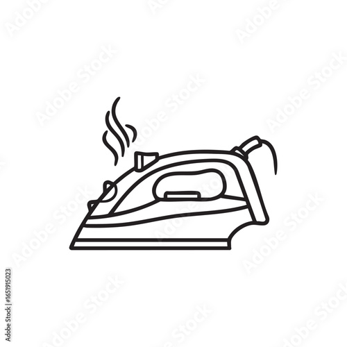 Minimalist outline illustration of a steaming clothes iron appliance for garment care vector drawing on white background