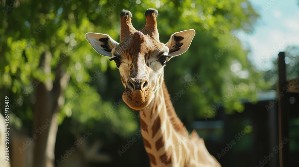 Naklejka premium A giraffe with a blurred background, looking directly at the camera.