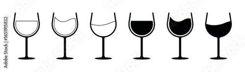 Wine glass vector icons set with different fill levels, half full and empty drink silhouettes, alcohol beverage outline and solid symbol collection for bar, restaurant and party design