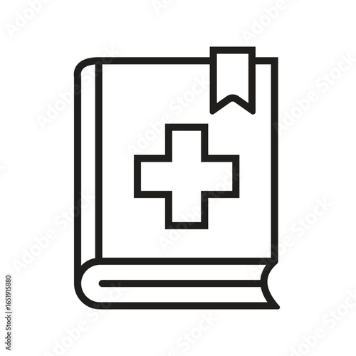 Black outline medical book icon with plus symbol and bookmark cross