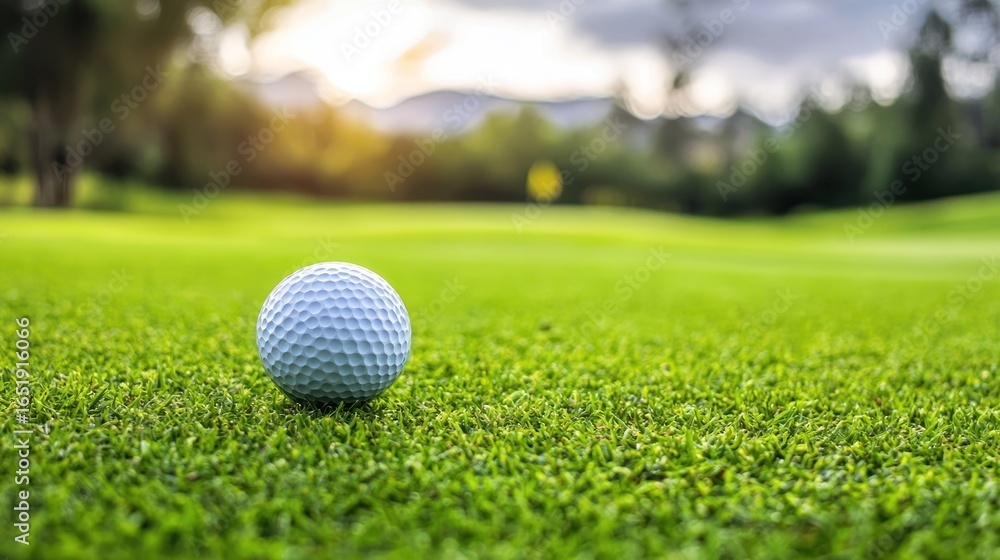 Obraz premium A golf ball on a green grassy field with a mountain range in the background.